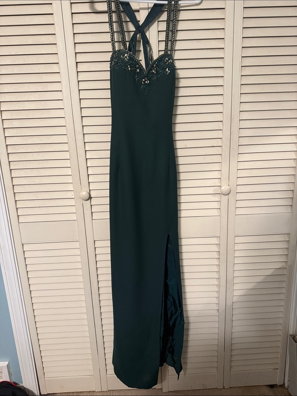Beaded Strap Dark Green Prom Gown